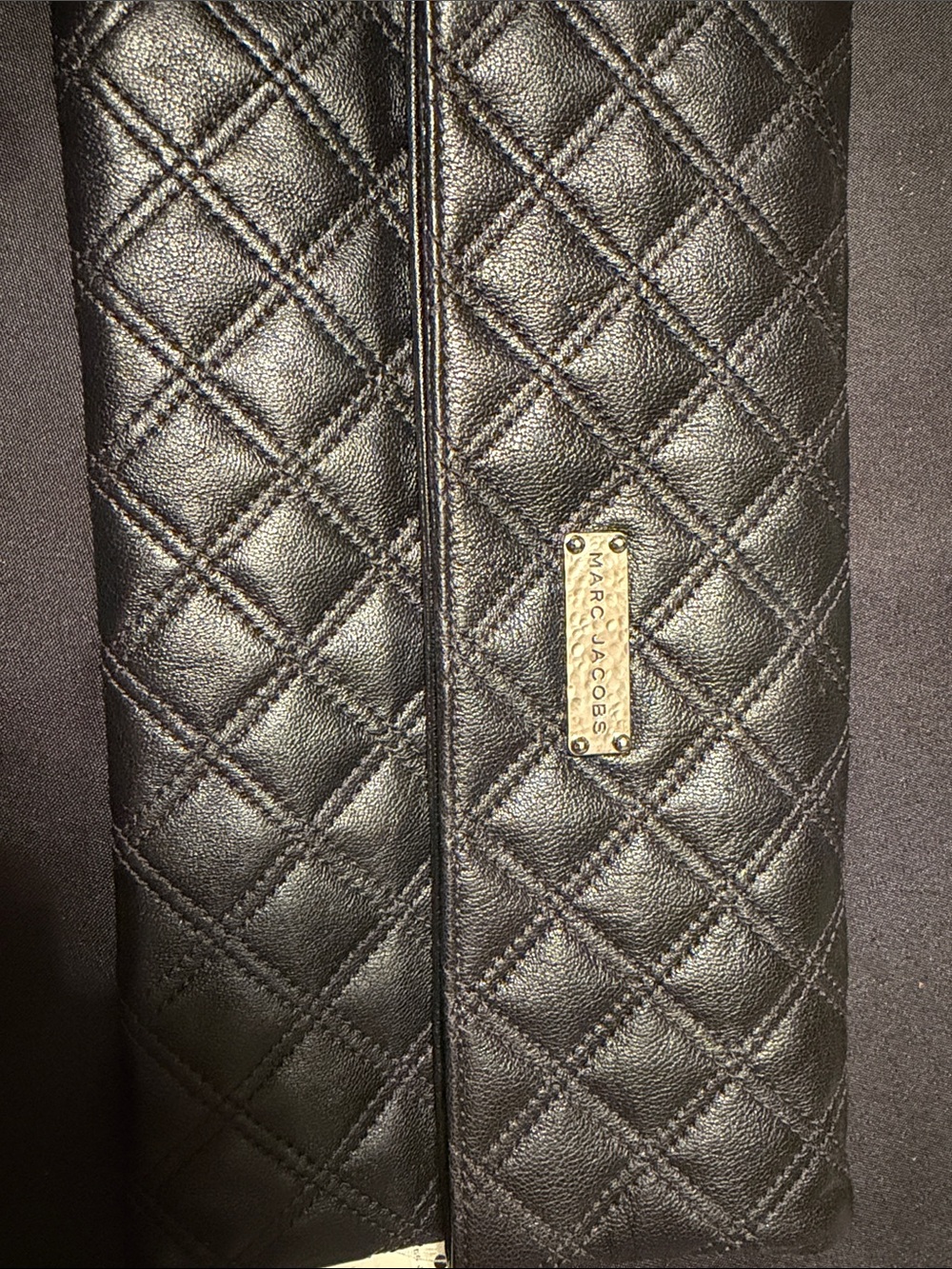 Marc Jacobs Black Quilted Leather Wristlet Clutch with Gold Logo Plaque